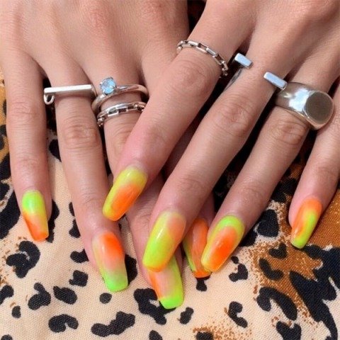 Shiny-Fluorescent-Yellow-and-Orange-Nail-Design